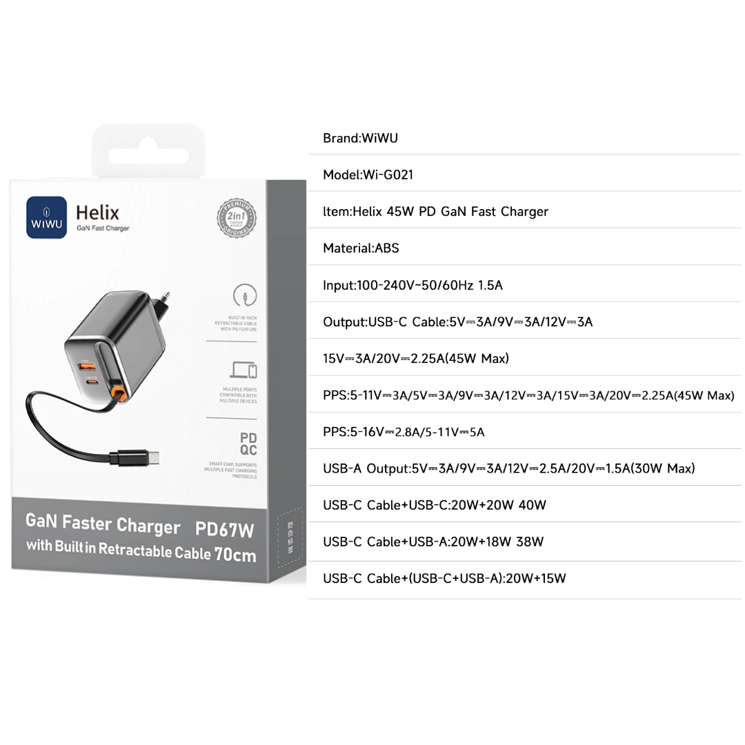 Adapter cóc củ sạc nhanh 45W PD USB C + USB-A 3.0 kèm dây sạc Type-C PPS chống cháy hiệu WIWU Helix Fast Charger cho iPhone iPad Oppo Samsung - Hàng nhập khẩu