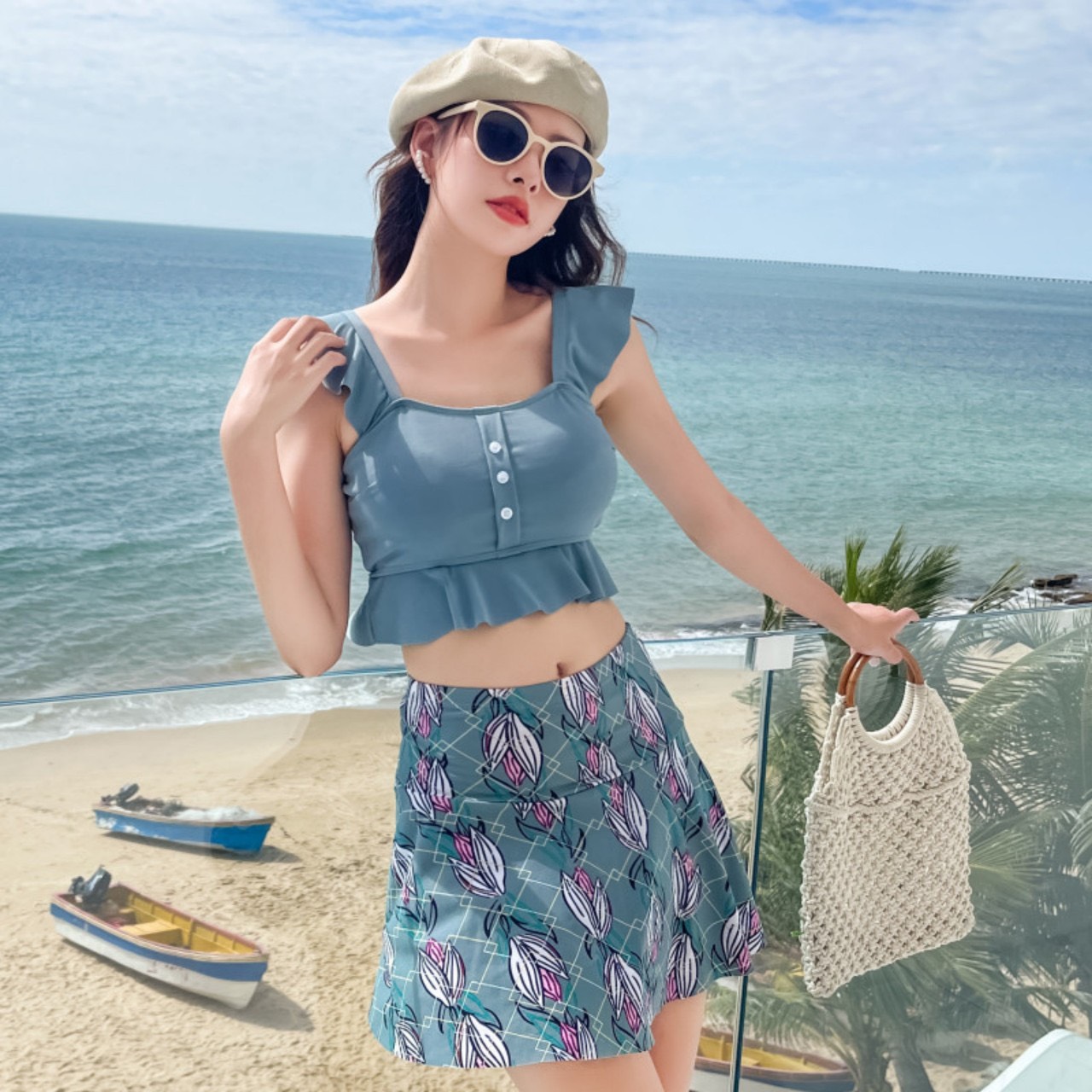 Bộ Bơi Bikini 2 Mảnh Kín Đáo Chân Váy Hoa Kèm Quần Trong Sang Chảnh