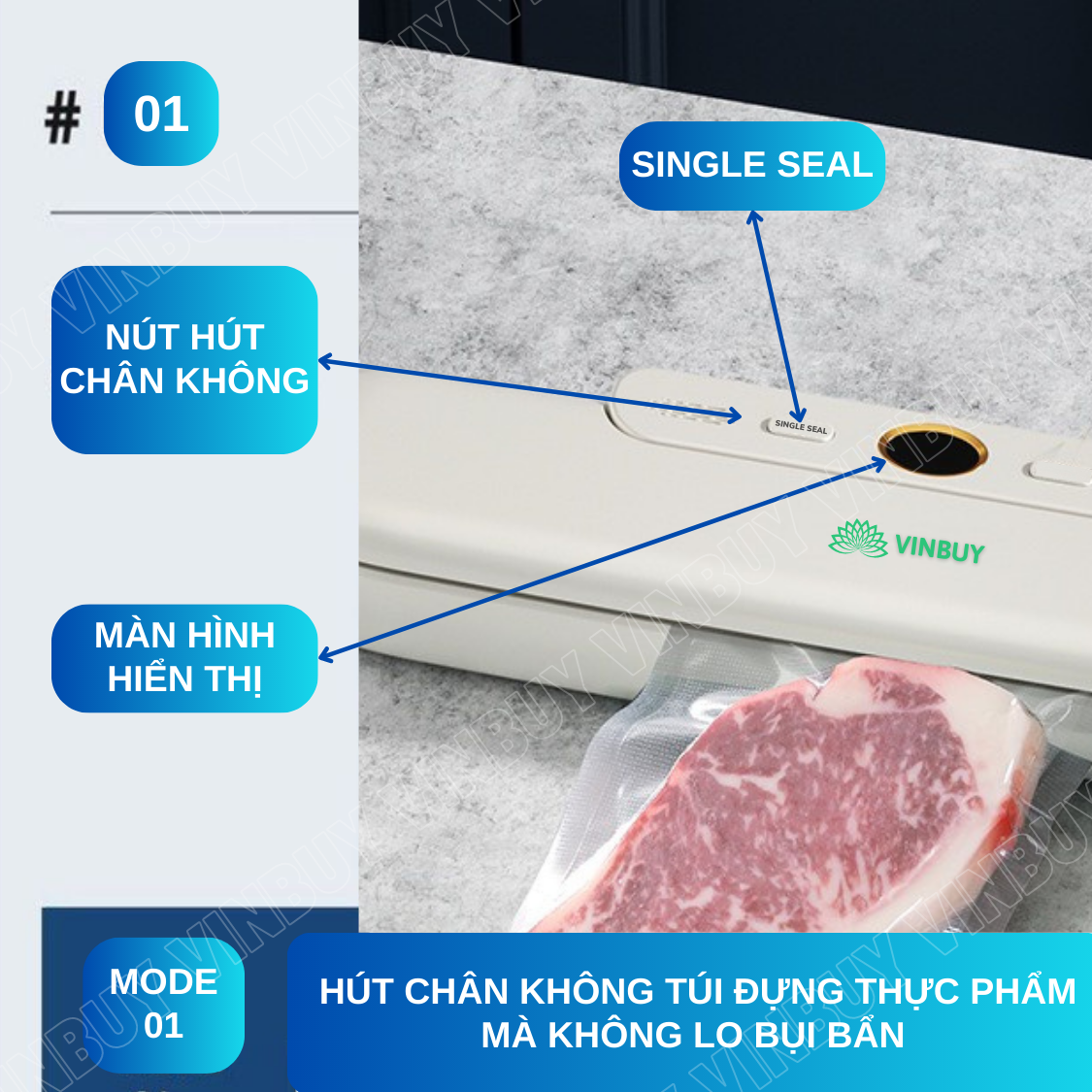 Máy hút chân không, hàn miệng túi thực phẩm gia đình, hút khô ướt mềm, tặng kèm 10 túi hút chân không - Hàng chính hãng Vinbuy