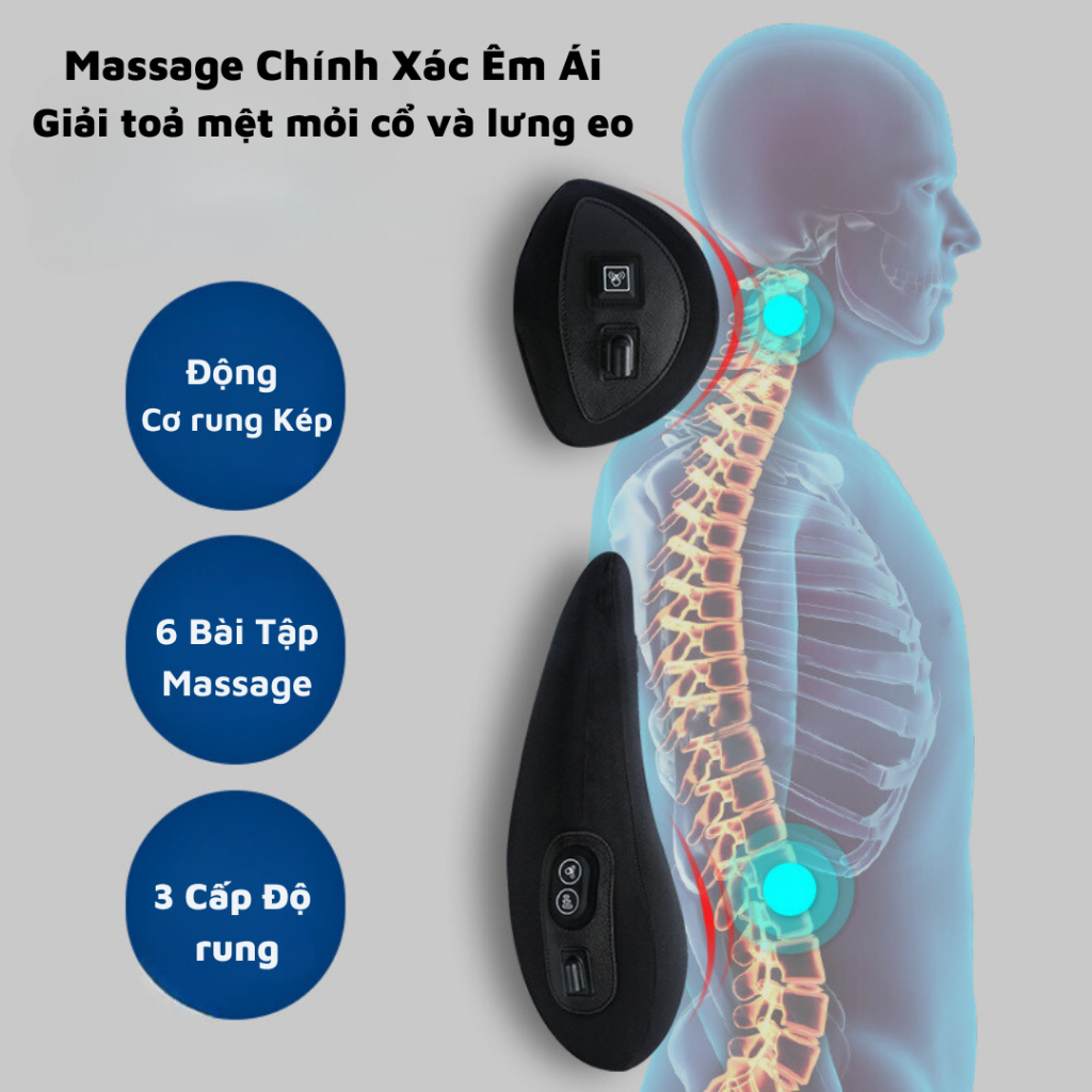 Bộ Gối Tựa đầu và Đệm tựa Ghế ô tô, văn phòng Tích hợp Máy Massage Lưng Cổ Hàng loại 1 cao cấp hoạt động êm ái