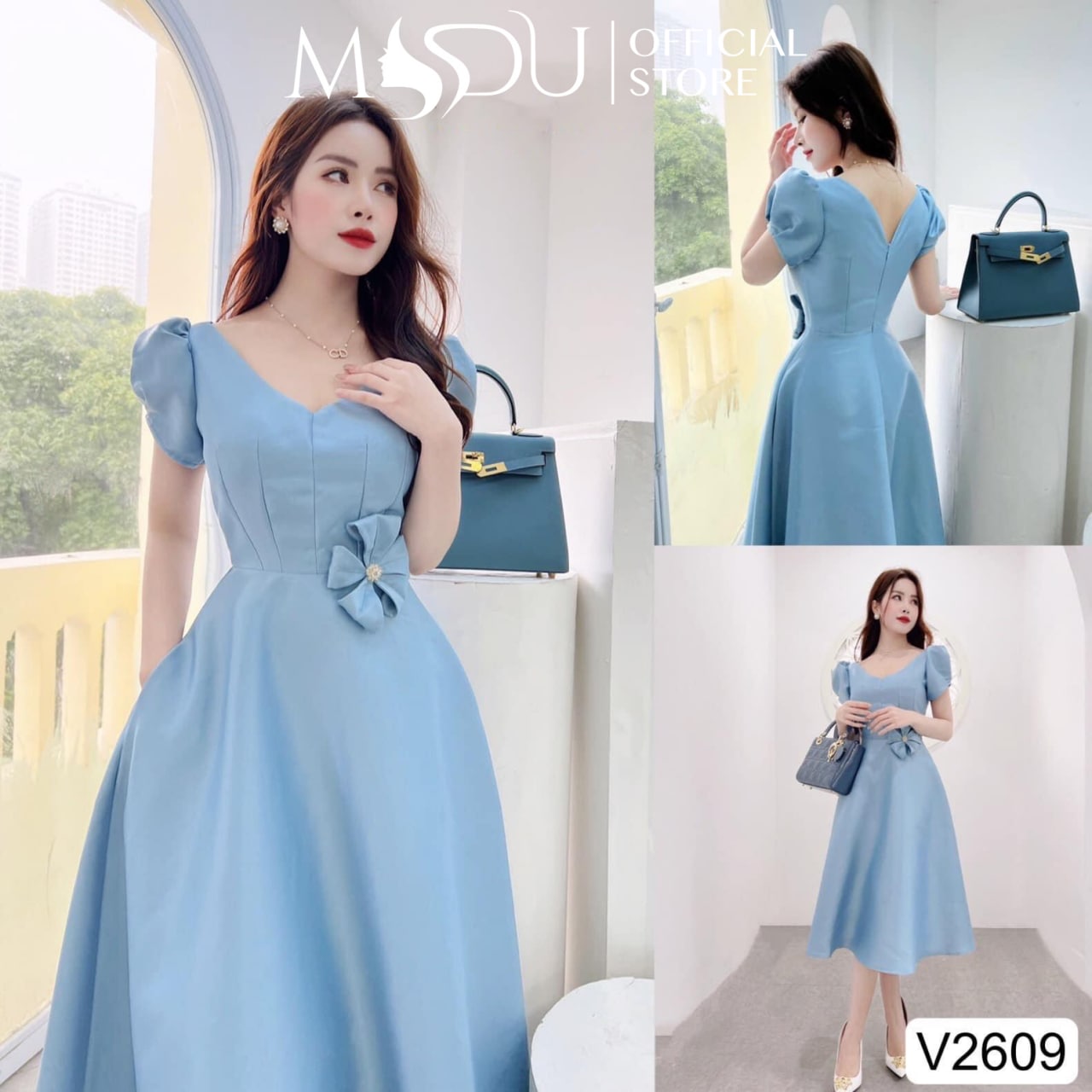 Váy đầm chất chất tafta xanh ngọc cổ V dáng xòe  V2609 - Glady design [kèm ảnh thật