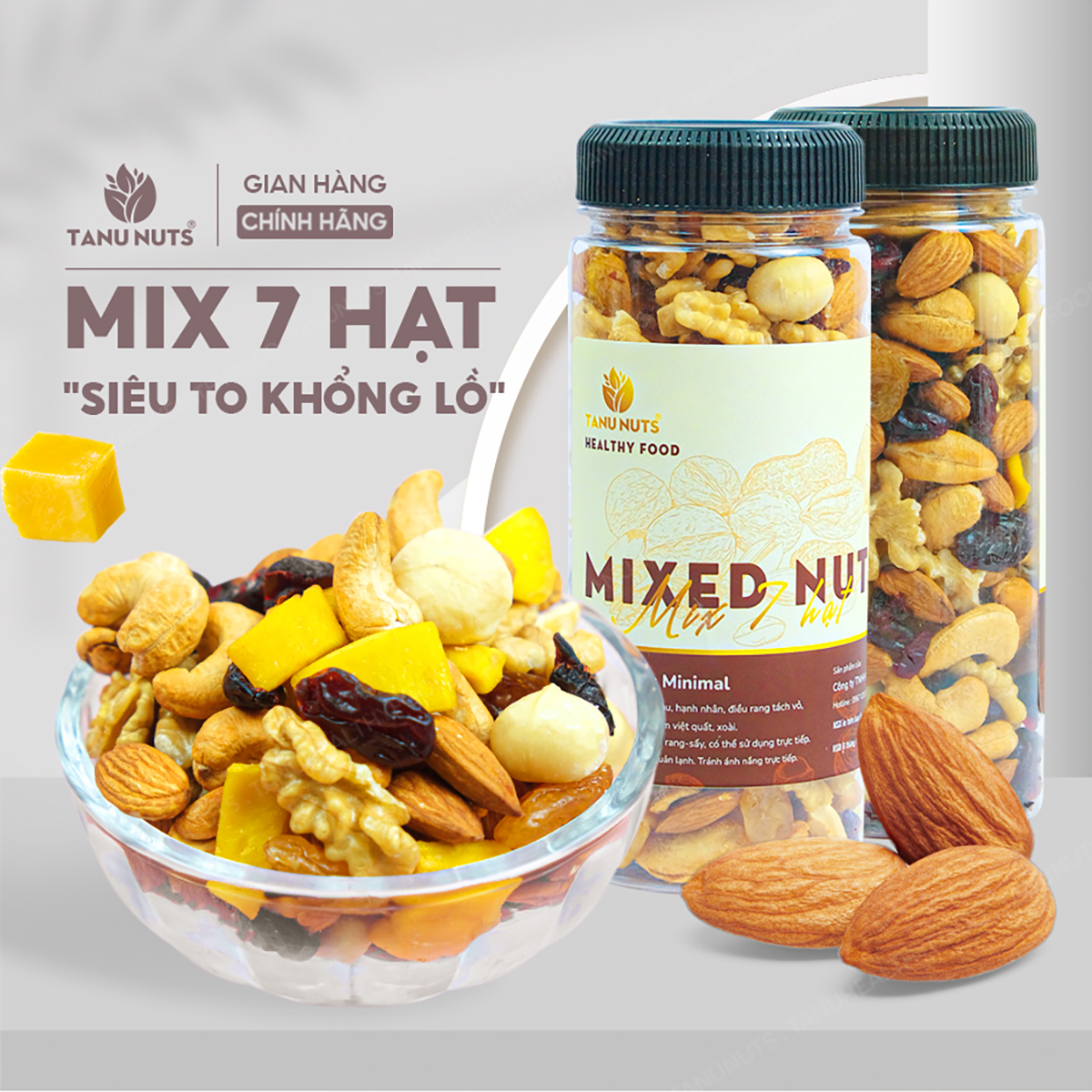 Hạt dinh dưỡng mix 7 loại TANU NUTS hũ 500g/350g, hạt ngũ cốc bà bầu gồm macca, óc chó, hạnh nhân, điều, nho, xoài, việt quất