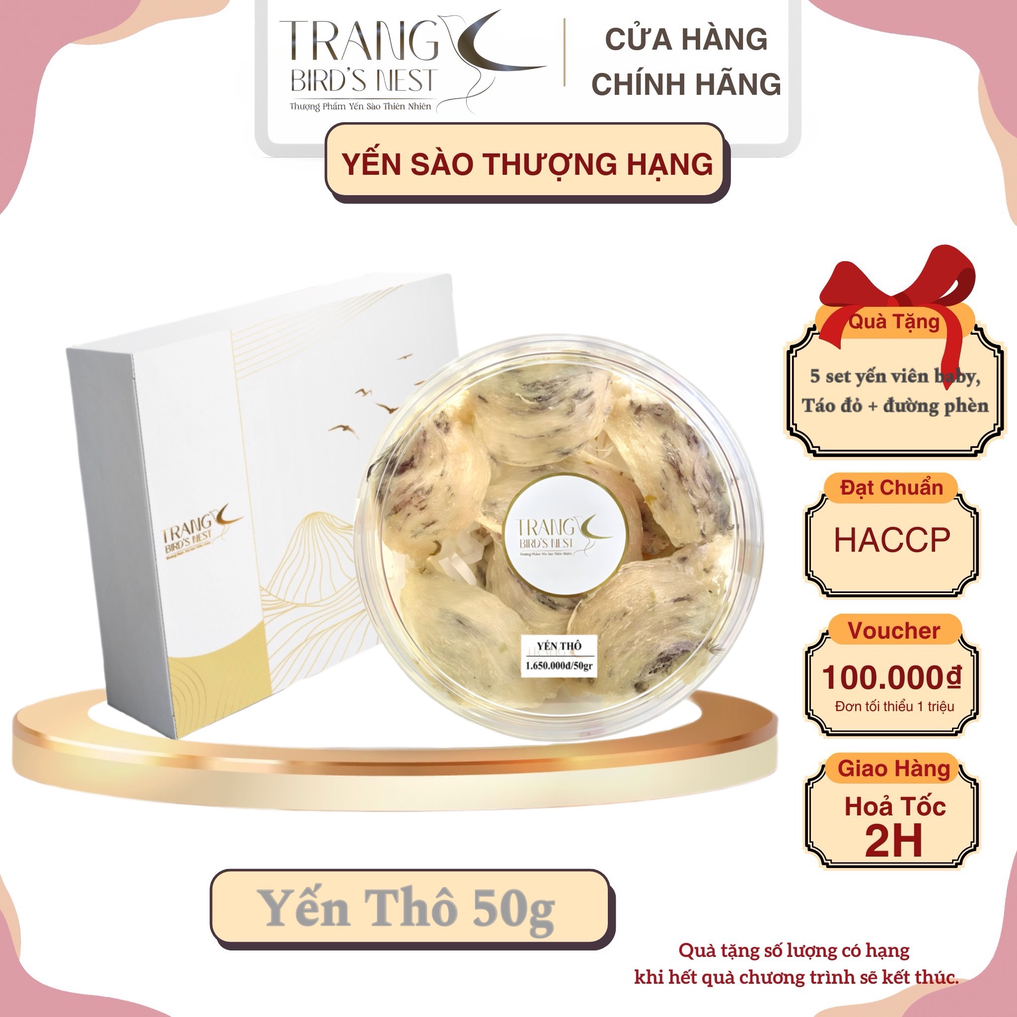 Yến Thô  [Hộp 50g] - Trang Birdnest - Tăng cường sức đề kháng - Bổ phổi - Hỗ trợ điều trị ung thư - Điều hòa huyết áp - Cải thiện giấc ngủ - Bổ khí dưỡng nhan - Tăng cường sinh lực nam nữ