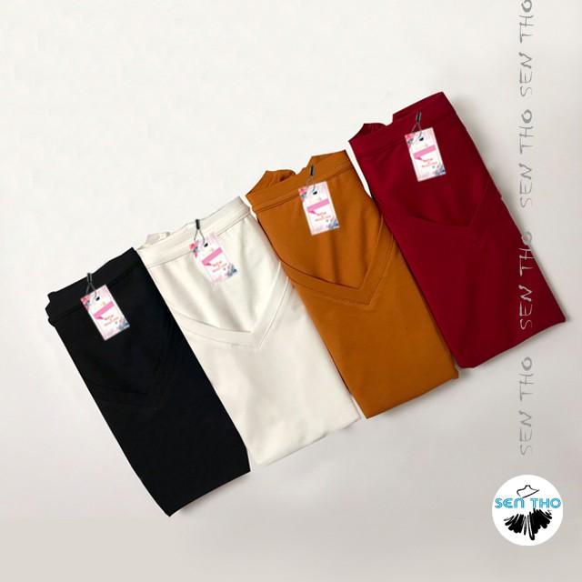 Áo Thun Nữ Cộc Tay Cổ Tim Dáng Suông Phông Trơn Vải Cotton Co Giãn Tốt. Màu Bassic Trắng, Đen, Đỏ Đô, Vàng, Cam Đất