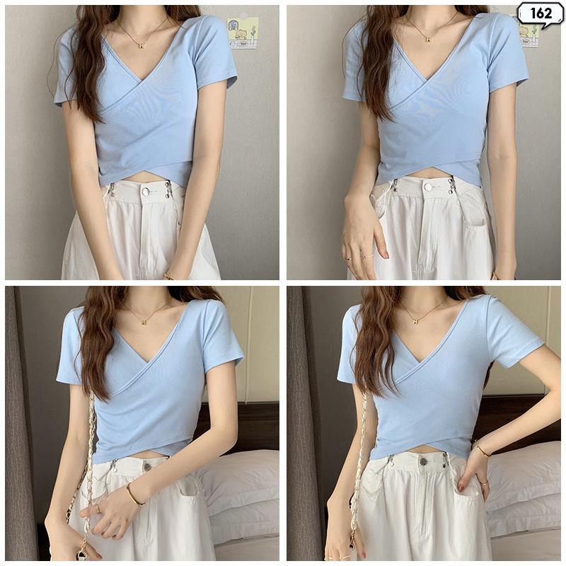 Áo Thun Cổ Tim Xếp Nhún Cổ Kiểu Màu Sắc Trẻ Trung Áo Thời Trang Vạt Áo Có Nhún Kiểu Freesize 162