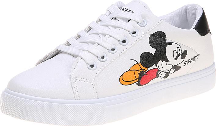 Giày sneaker da nữ in hình Mickey, chất liệu da PU bền chắc, thời trang trẻ, phong cách Hàn Quốc