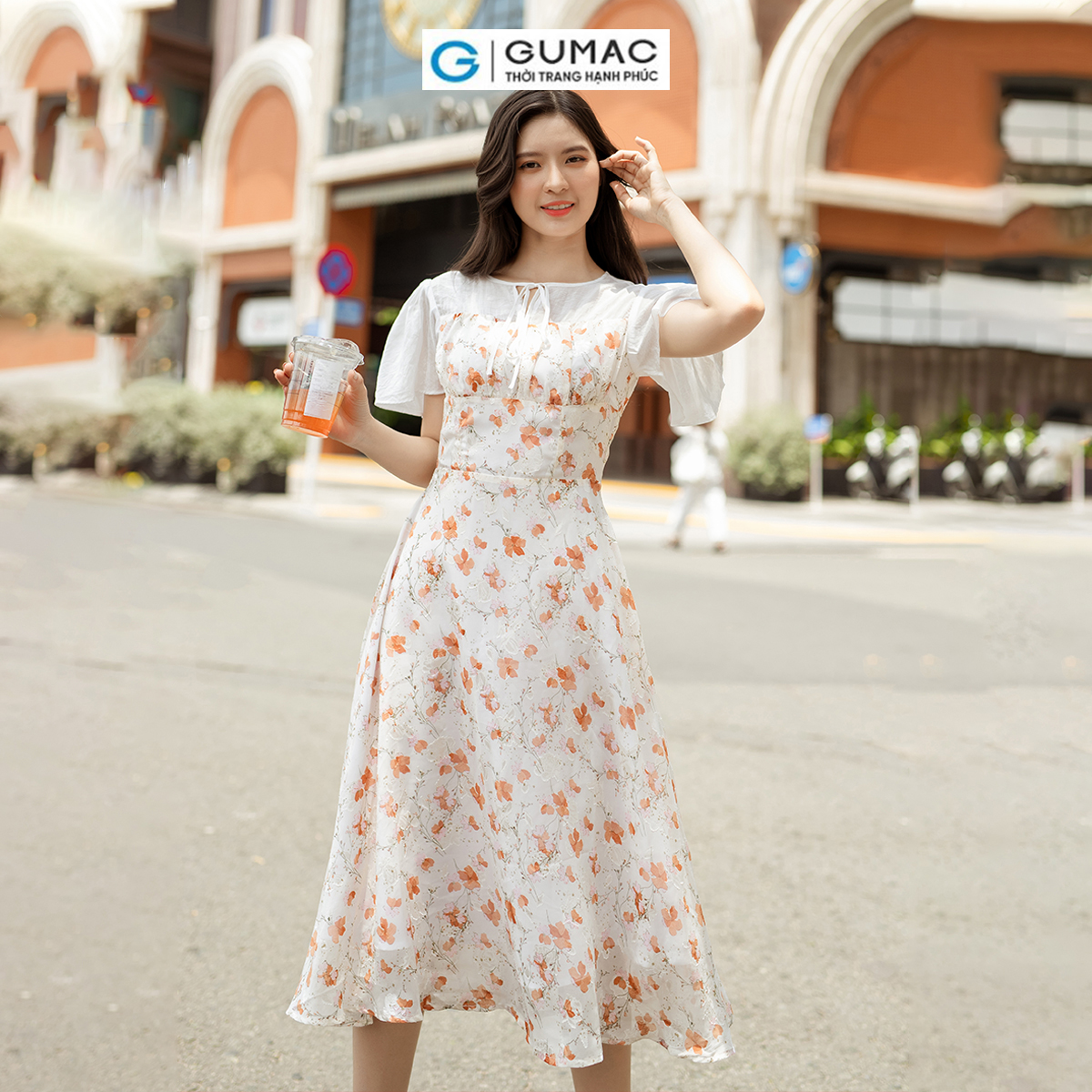 Đầm hoa phối vải tơ sang trọng nữ tính thanh lịch thời trang GUMAC DD06062
