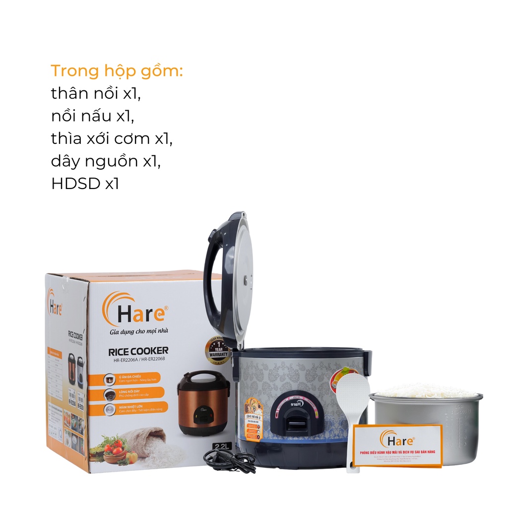 Nồi cơm điện HR-ER2206 (2.2L) -hàng chính hãng thương hiệu Hare - bảo hành 12 tháng