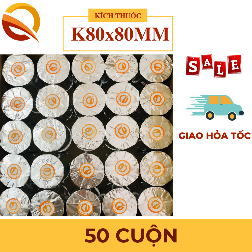 Thùng 50 cuộn giấy in nhiệt, Giấy in bill, Giấy in hóa đơn 80x80mm