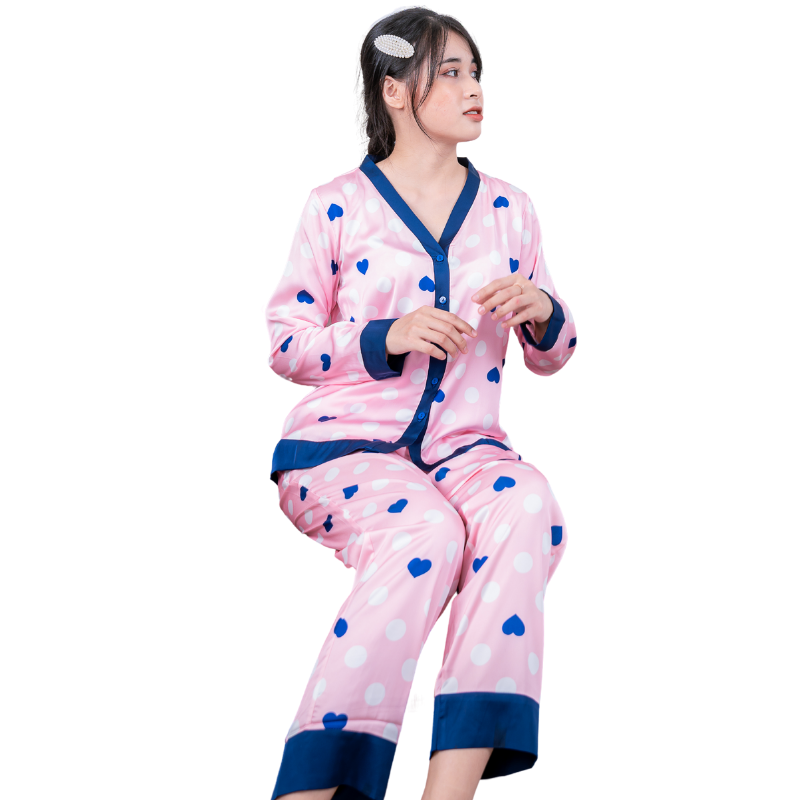 Đồ bộ pyjama nữ, đồ mặc nhà cao cấp VILADY - B103 kiểu cổ V tay dài quần dài họa tiết chấm Bi màu hồng, chất liệu lụa Pháp siêu mát