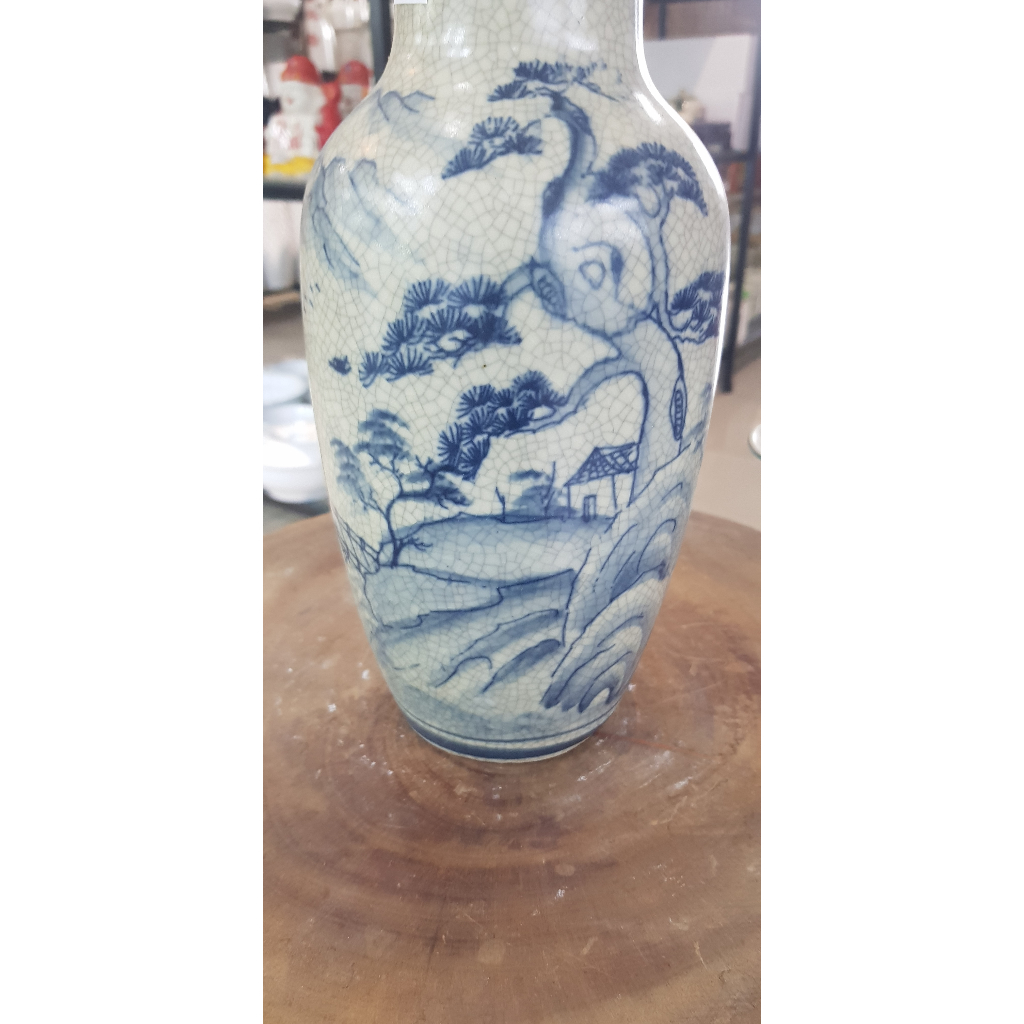 Bình hoa men rạn giả cổ họa tiết sơn thủy gốm bát tràng cao 28cm cắm hoa trang trí