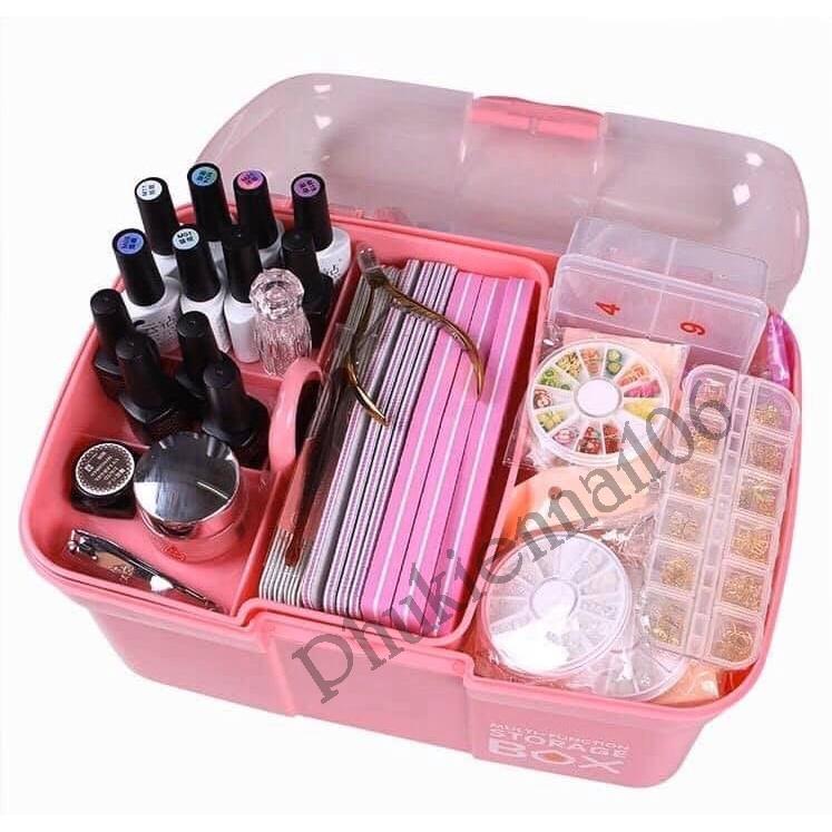 Cốp nhựa 2 tầng đựng nail, mi, đồ trang điểm