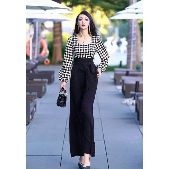 JUMPSUIT LỤA PHỐI CARO TAY PHỒNG CAO CẤP