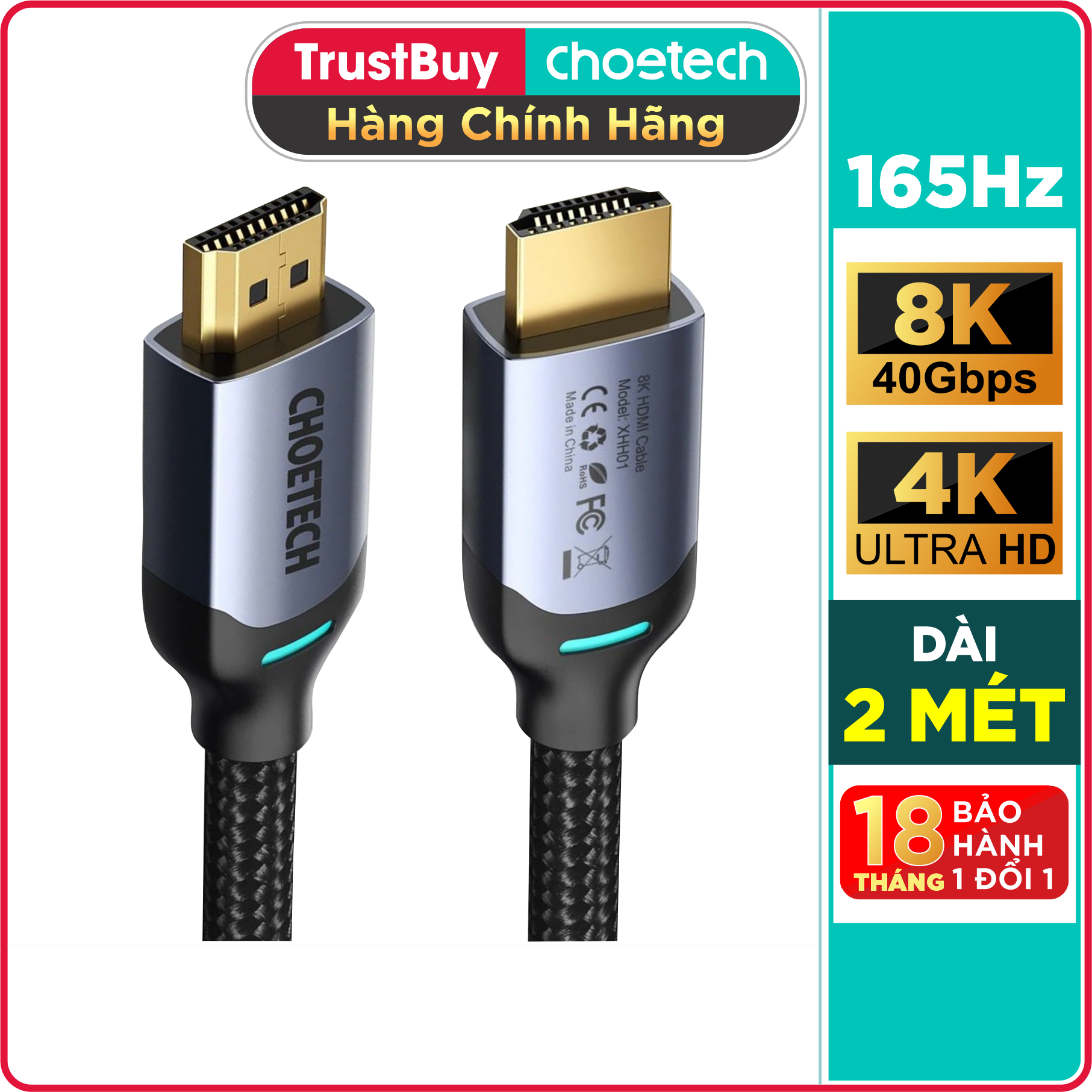 Hình ảnh Dây Cáp Dù Lõi HDMI 2.1 8K 48Gbps, 4K 165Hz Dài 2M CHOETECH XHH01 Dùng Cho Tivi/ Máy Tính/ Playstation - Hàng Chính Hãng