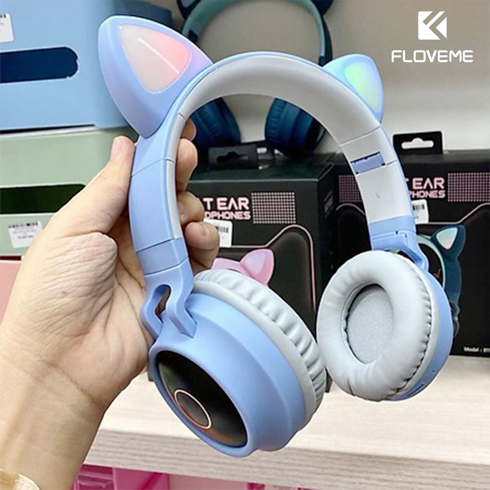 Tai nghe FLOVEME BT28 chụp tai kết nối bluetooth 5.0 hình mèo , kèm dây , Tai mèo có led, có nhiều màu. kiểu dáng siêu cute - Hàng chính hãng