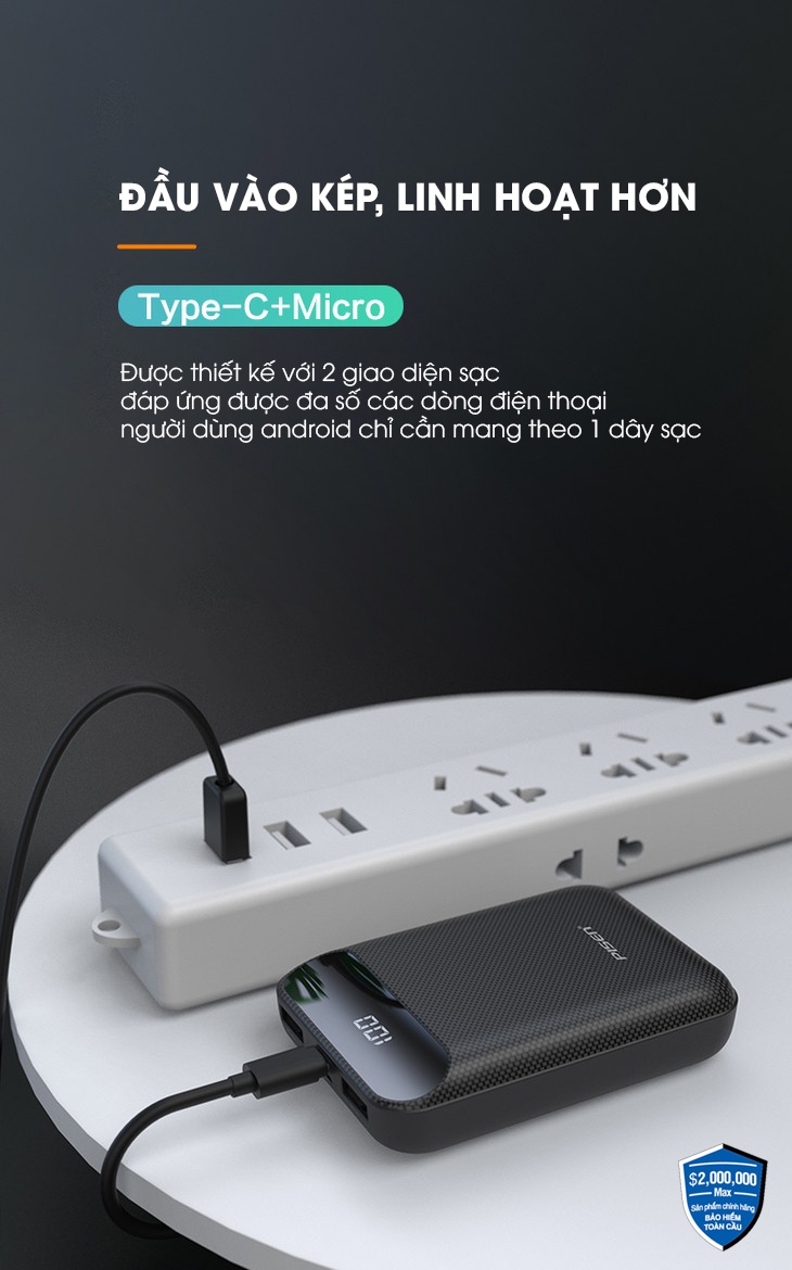 Sạc dự phòng Pisen Power Box C10000 LED 10000mAh (TP-D01CJ), nhỏ gọn, an toàn, sạc đồng thời 2 thiết bị, Hàng chính hãng