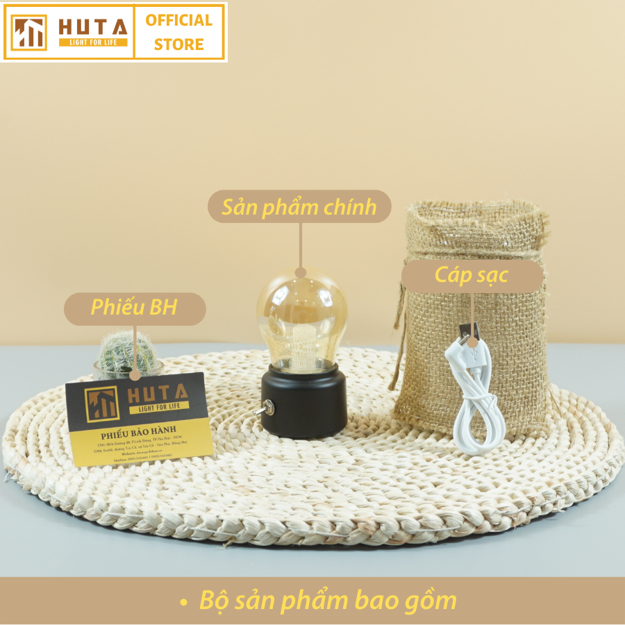 Đèn Ngủ Mini HUTA MN1 Sạc Pin Tích Điện Sáng 25h Cute Dễ Thương, Decor Trang Trí Quán Cà Phê, Nhà Hàng, Để Bàn, Bóng Led Sáng Vàng Tiết Kiệm Điện