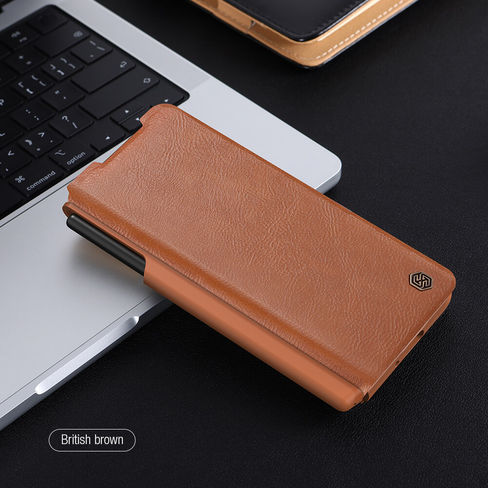 Case bao da chống sốc cho Samsung Galaxy Z Fold 4 trang bị nắp bảo vệ Camera và ngăn đựng S-Pen hiệu Nillkin Qin Pro - Hàng nhập khẩu