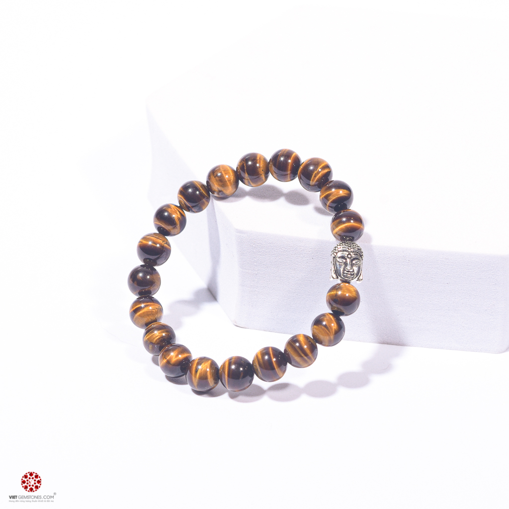 Vòng tay đá mắt hổ vàng tự nhiên 8mm phối charm Phật bạc thái 925 - Hợp tay nữ mệnh Thổ, Kim | VietGemstones