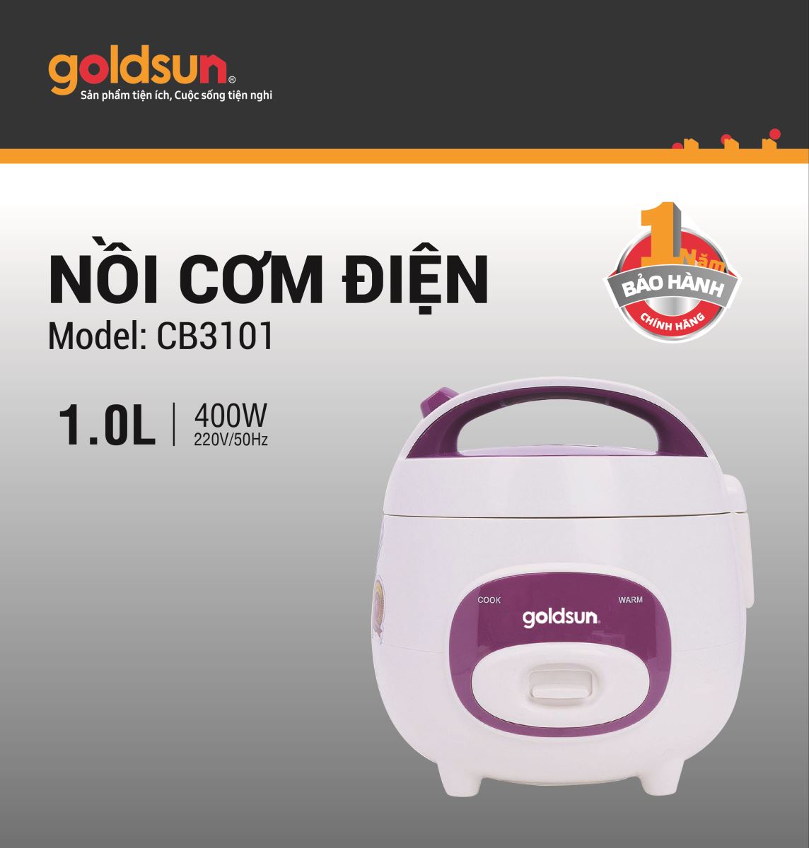 Nồi Cơm Điện Nắp Gài GOLDSUN CB3101 Phù Hợp Gia Đình 1-3 Người Dung Tích 1 Lít Công Suất 400 W - Hàng Chính Hãng