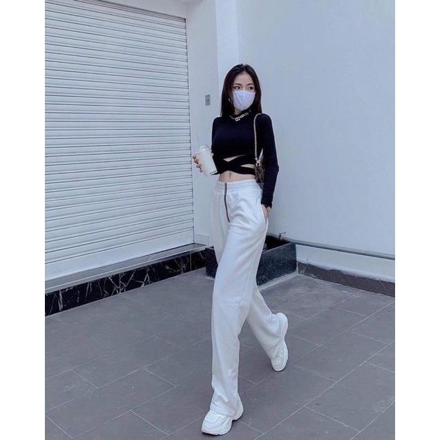 F1144 Áo crop top cột dây chéo tay dài