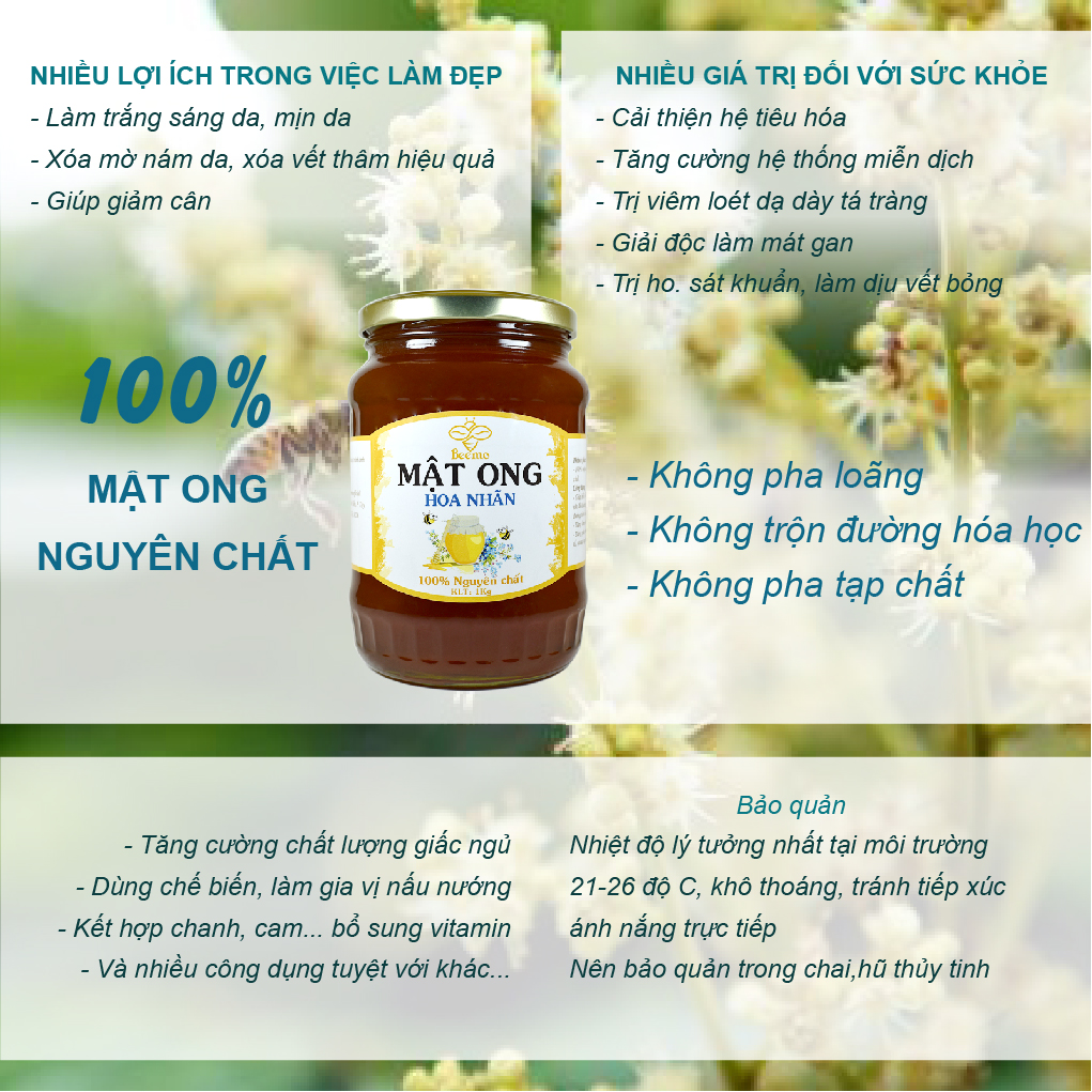 Mật ong nguyên chất Beemo, mật ong hoa nhãn từ thiên nhiên - Làm đẹp, hỗ trợ trị ho, gia vị