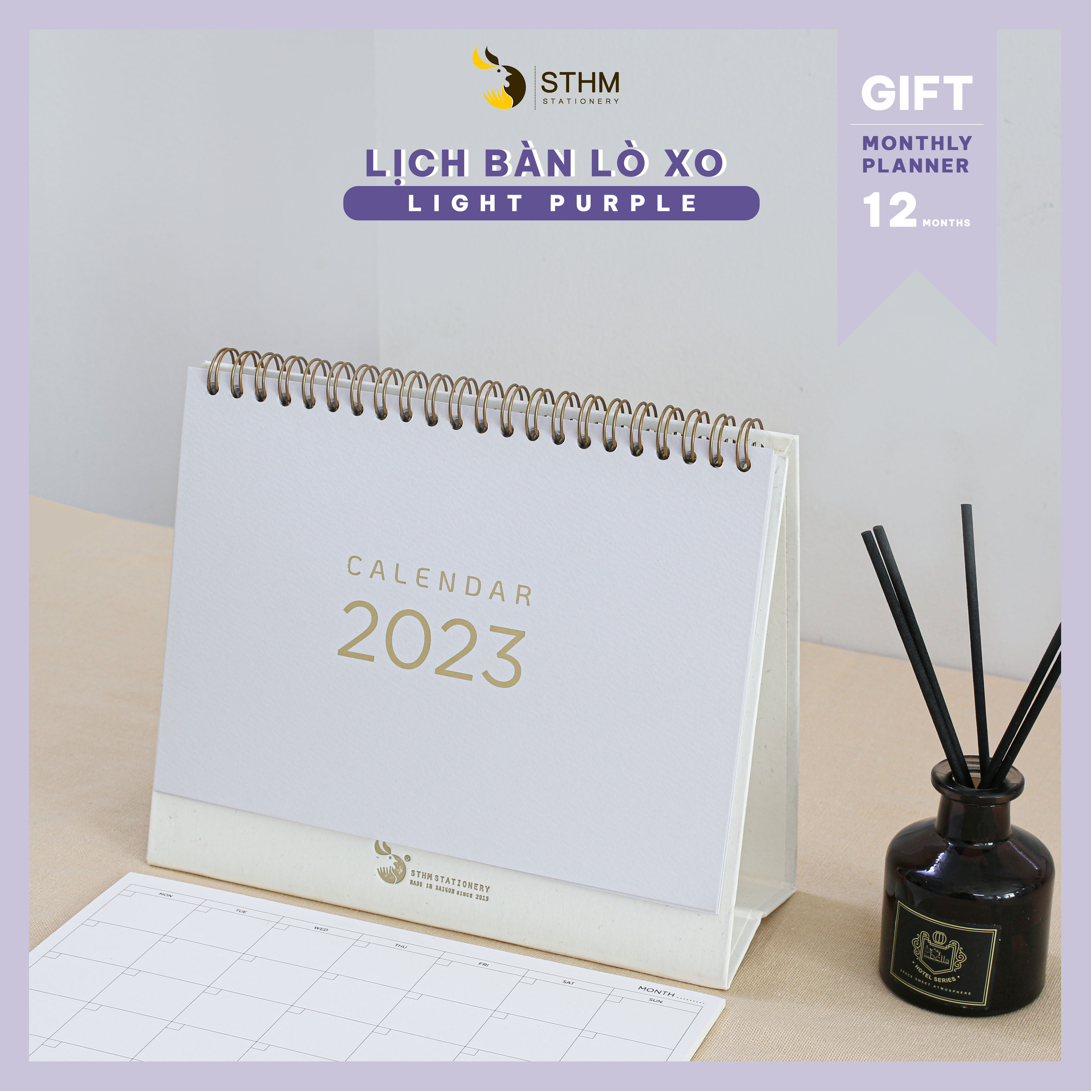 [STHM stationery] - Lịch bàn lò xo 2023 - Light purple - Giấy mỹ thuật cao cấp - Có lịch âm dương và checklist