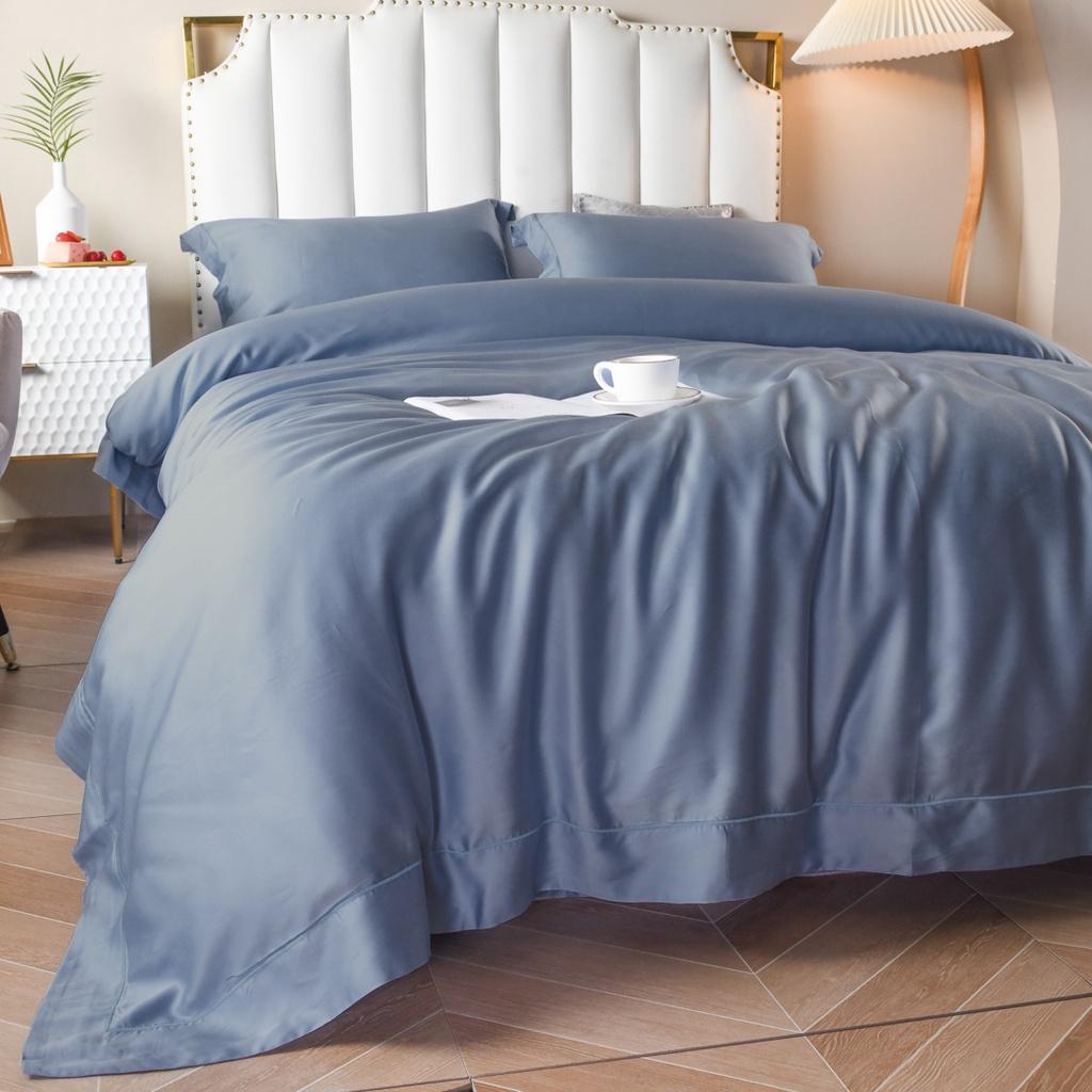 Siêu phẩm bộ chăn ga cao cấp 100%Tencel 100s ROMANTIC, phối viền màu trơn hot trend 2022, chất siêu mát mịn
