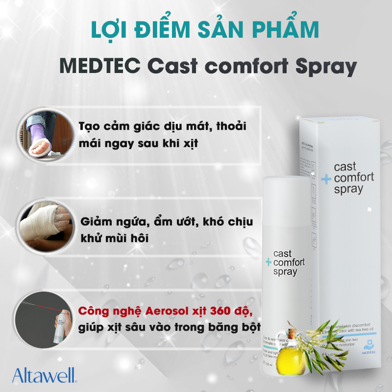 Xịt bó bột Medtec Cast Comfort Spray- Giảm ngứa, khó chịu, kháng khuẩn, khử mùi hôi, cảm giác dễ chịu ngay sau xịt - Nhập khẩu Thái Lan