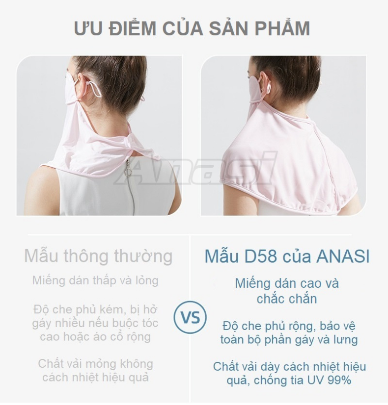 Khẩu trang chống tia UV - VẢI DÀY - Anasi D58 che kín cổ vai gáy