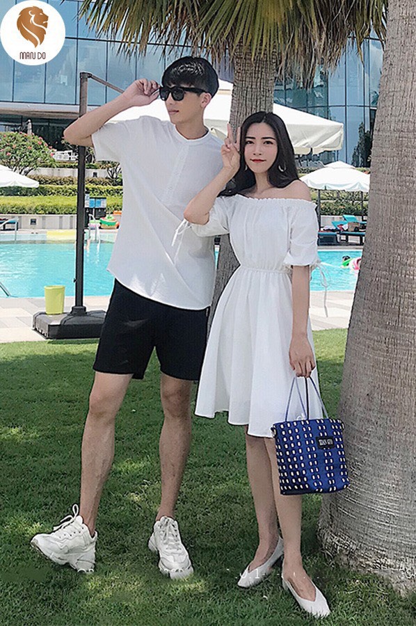 Set đồ đôi áo váy cặp CoupleTina cao cấp -Màu Trắng hở vai - Chất liệu siêu mịn - Phù hợp cặp đôi thích đơn giản