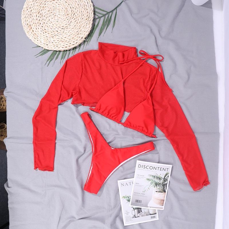 BDY3111151 - Bikini Đỏ Kèm Áo Voan Cổ Lọ Phong Cách - Đồ Bơi Gợi Cảm Phong Cách Âu Mỹ