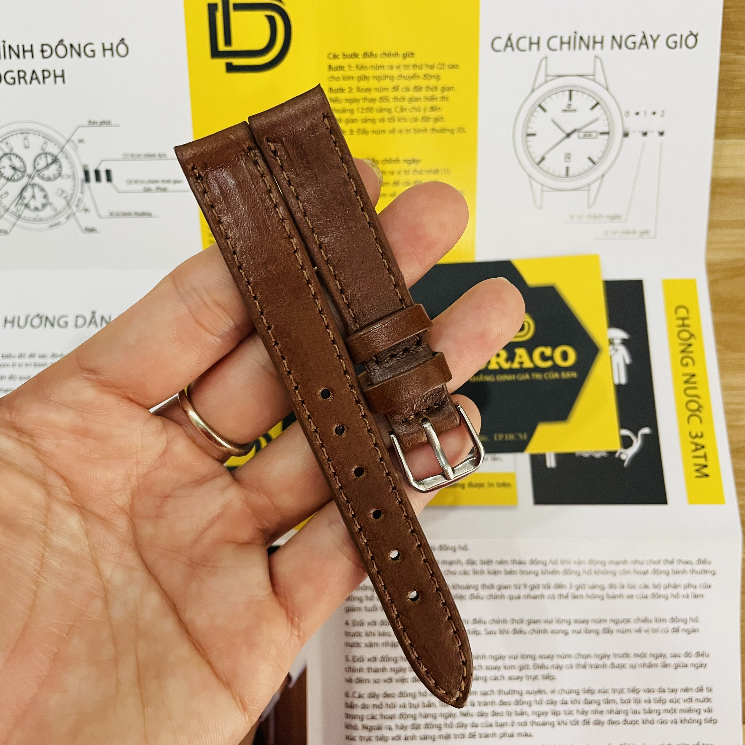 Dây da đòng hồ Draco DDDH03 màu nâu - size 14 nữ chấy liệu da bò thật cao cấp