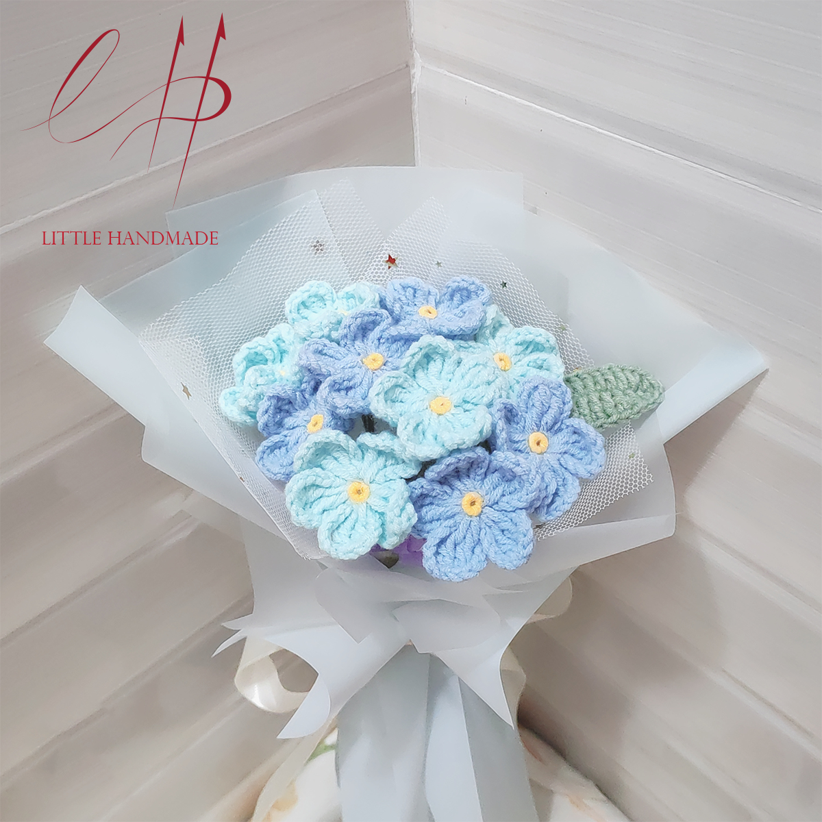 Bó hoa lưu ly xanh nhạt và xanh đậm 10 bông bằng len handmade