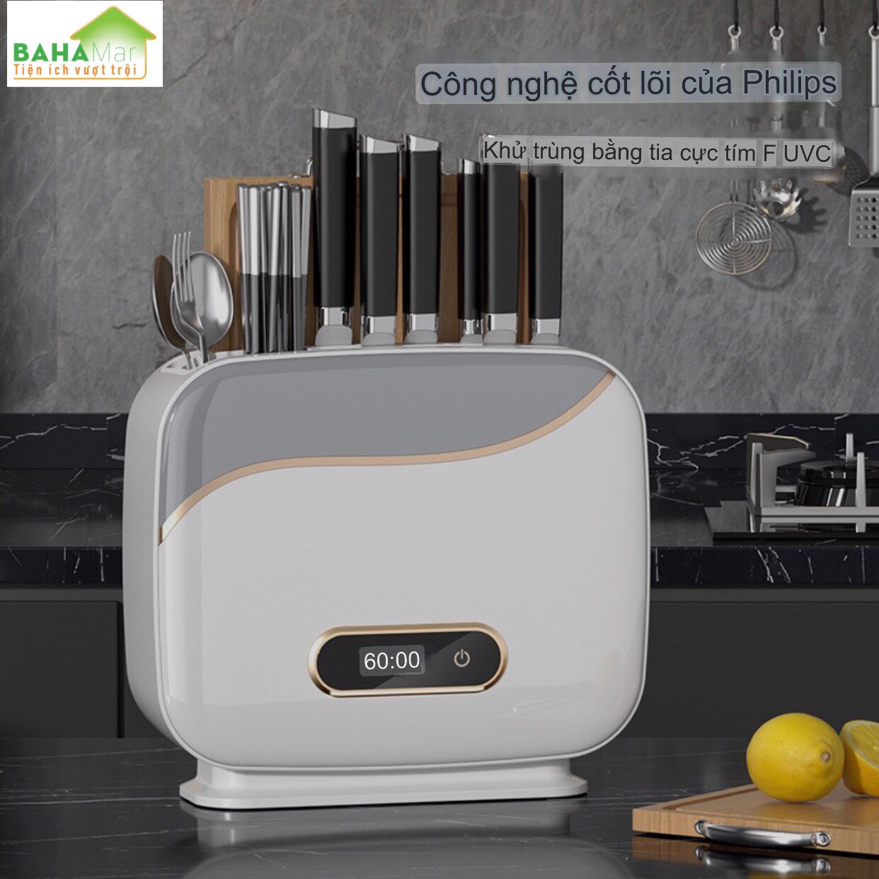 HỘP CÀI DAO, THỚT, ĐŨA, THÌA ĐA NĂNG CÓ HỆ THỐNG KHỬ TRÙNG VÀ SẤY KHÔ THÔNG MINH "BAHAMAR" giúp loại bỏ vi khuẩn ẩn náu trong dụng cụ nhà bếp.