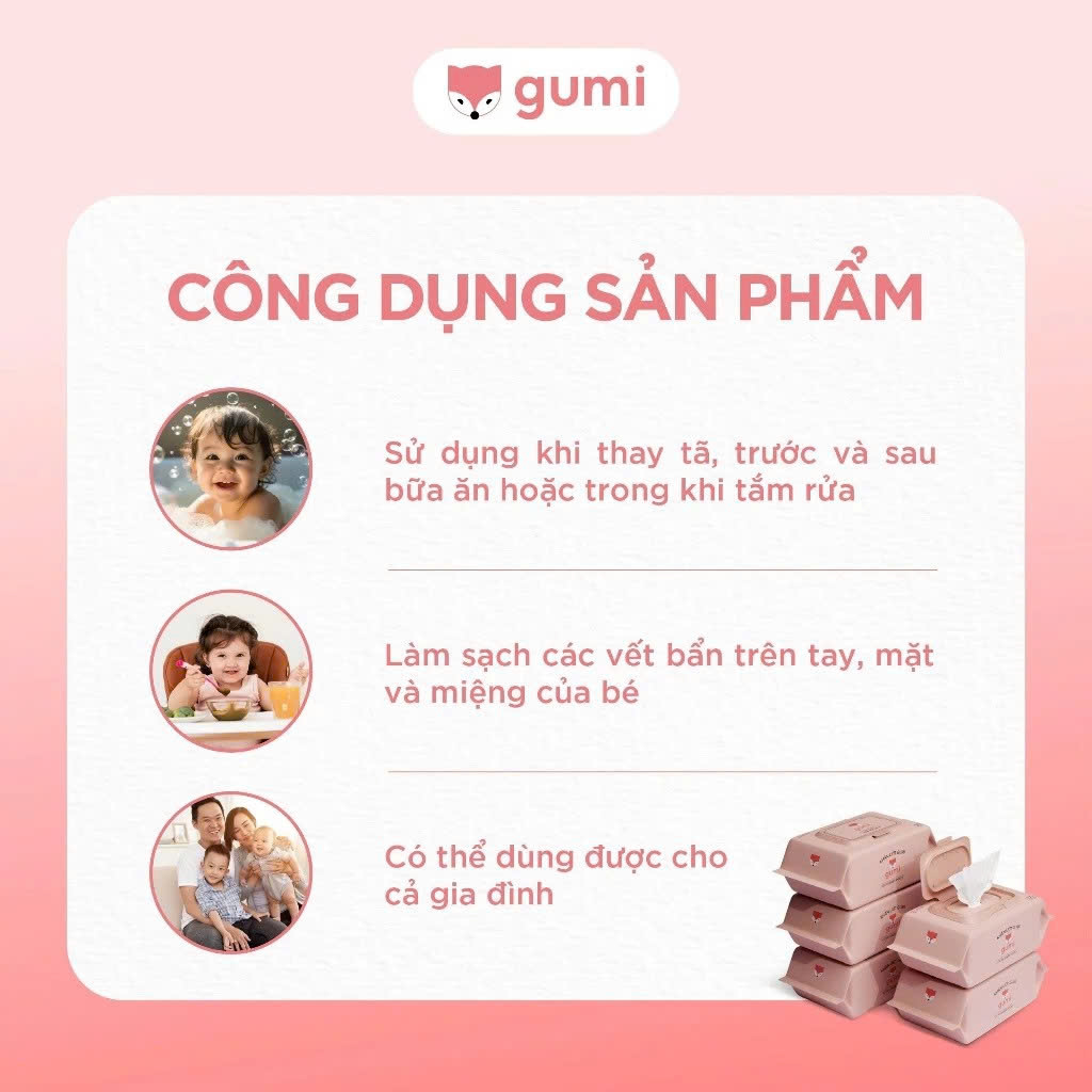 Thùng 10 Gói Khăn Ướt GUMI Không Cồn Không Paraben, Không Chất Huỳnh Quang, An Toàn Cho Da Nhạy Cảm – 80 Tờ - HÀNG CHÍNH HÃNG MINIIN