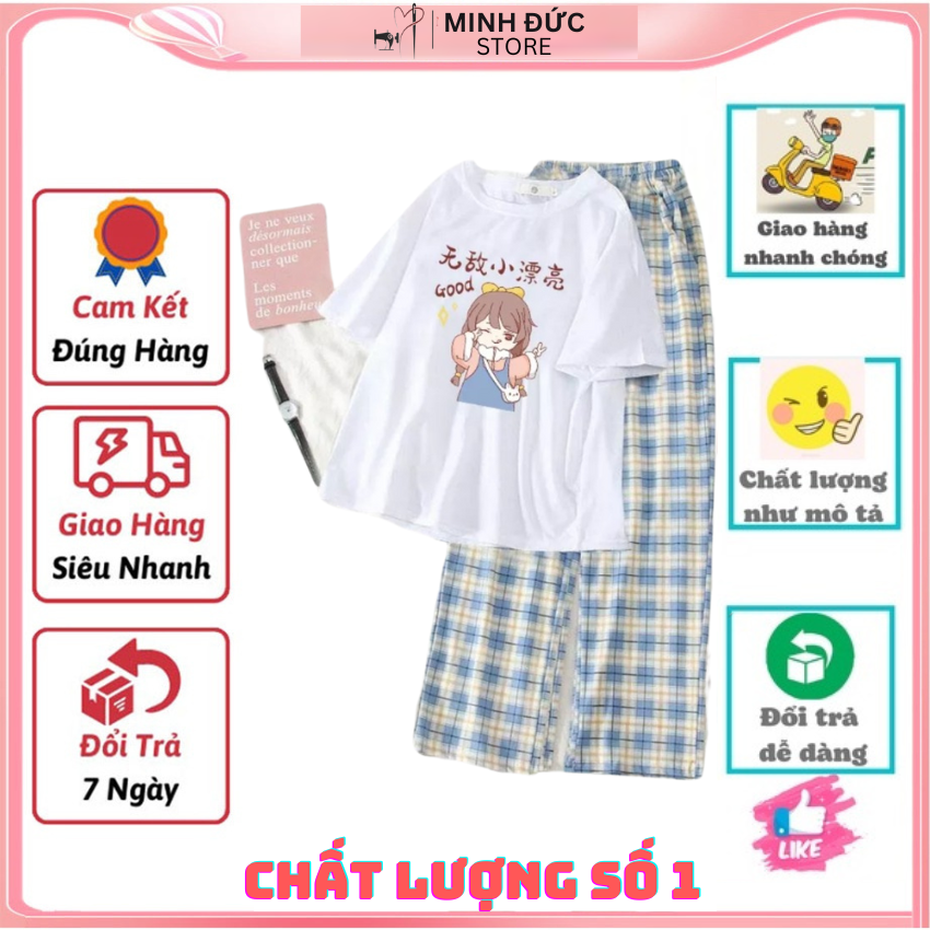 Sét Bộ Nữ SS19, Sét Đồ Nữ Đi Chơi Đẹp In Cô Gái Tóc Nâu Dễ Thương, Sét Áo Vải Cotton Và Quần Kẻ Màu Cá Tính