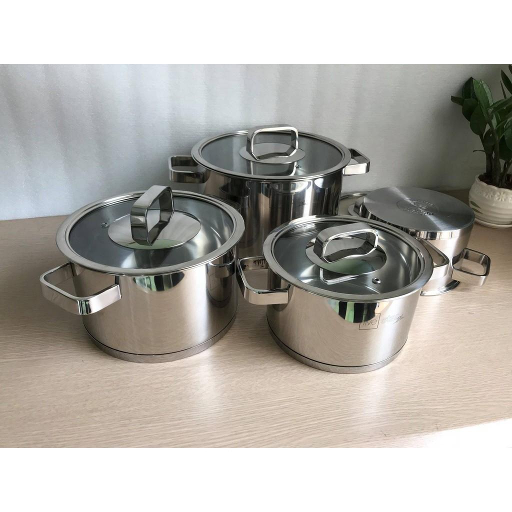 Bộ nồi chảo chống dính inox 304 Fivestar Plus 4 món nắp kính , 3 đáy dùng được bếp từ , hồng ngoại , gas - tặng 1 vá canh