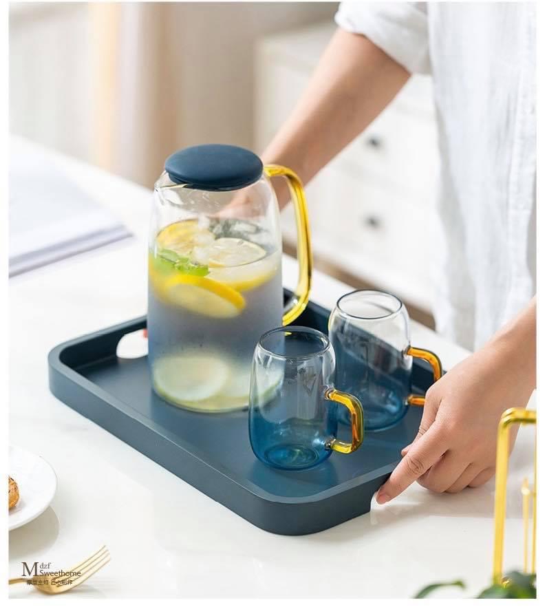 COMBO BỘ BÌNH CỐC THỦY TINH ĐỔI MÀU ÁNH XANH CHỊU NHIỆT CAO CẤP KÈM KHAY
