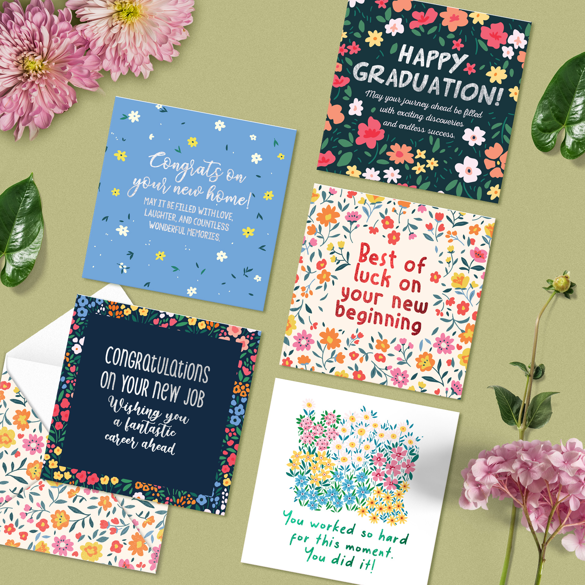 Set 5 thiệp chúc mừng tốt nghiệp, nhà mới, việc mới, chúc may mắn SDstationery New Beginnings họa tiết hoa, chữ ép kim 12x12