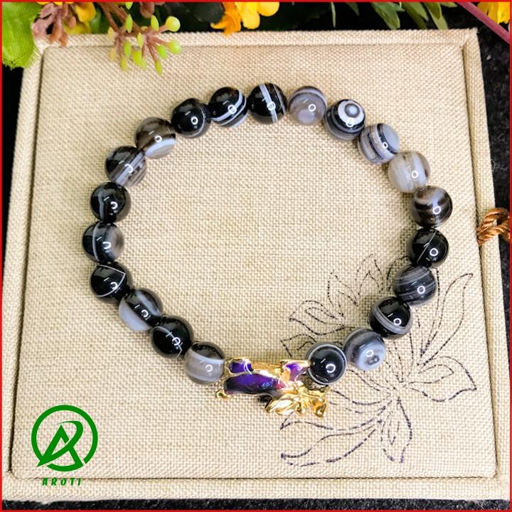Vòng Phong Thủy Mệnh thủy - Vòng Tay Nam Nữ Mã Não vân Mây Mix Long Quy Vàng Đổi Màu Độc Lạ 8mm V374-8