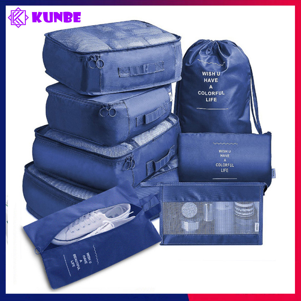 Set 8 Túi Đựng Đồ Du Lịch Cho Vali Kunbe Phiên Bản Cao Cấp Chất Liệu Dày Dặn, Siêu Tiện Lợi - Set Xanh