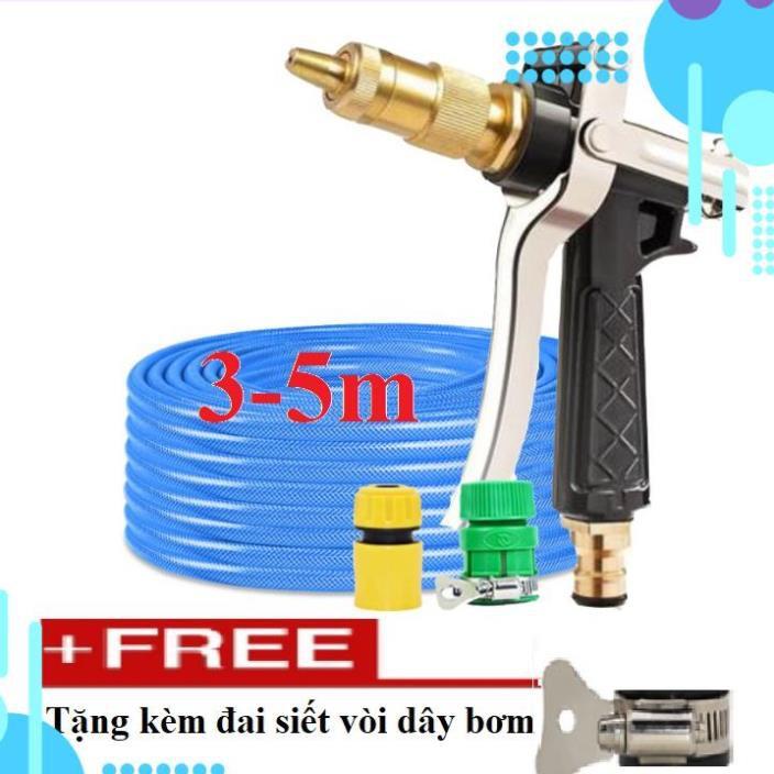 Bộ dây vòi xịt nước rửa xe, tưới cây, tăng áp 3 lần, loại 3m, 5m 206236 đầu đồng,cút,nối nhựa vàng+ tặng đai