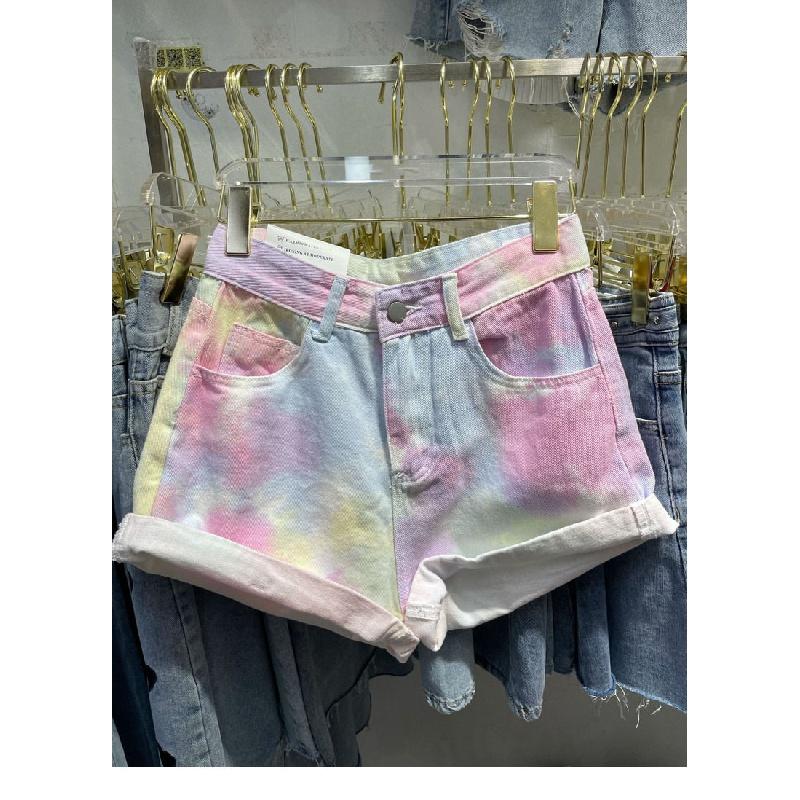 Quần Short Denim Ống Rộng Lưng Cao Nhuộm Màu Thời Trang Cho Nữ