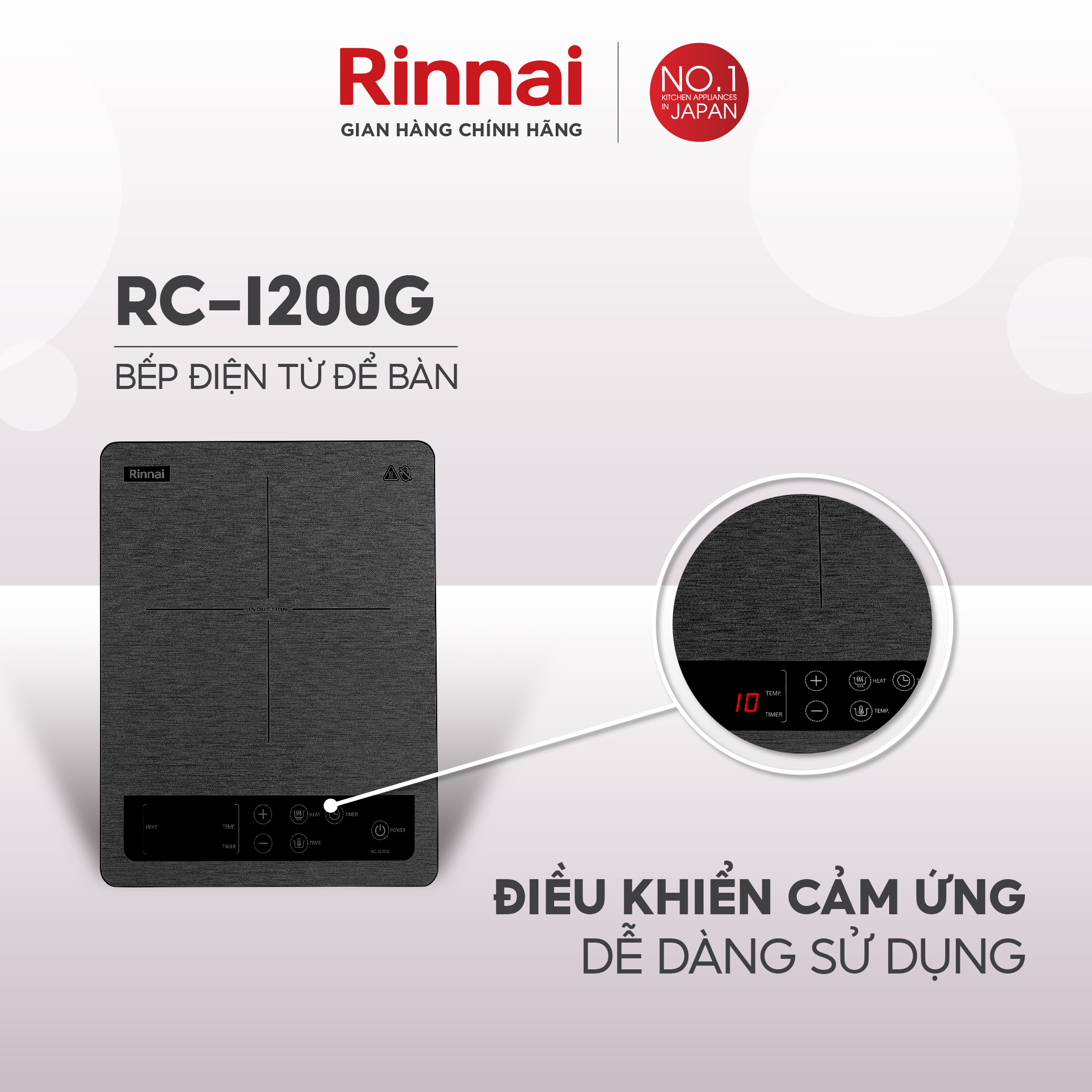 Bếp từ đơn Rinnai RC-I200G điều khiển cảm ứng 2000W - Hàng chính hãng.