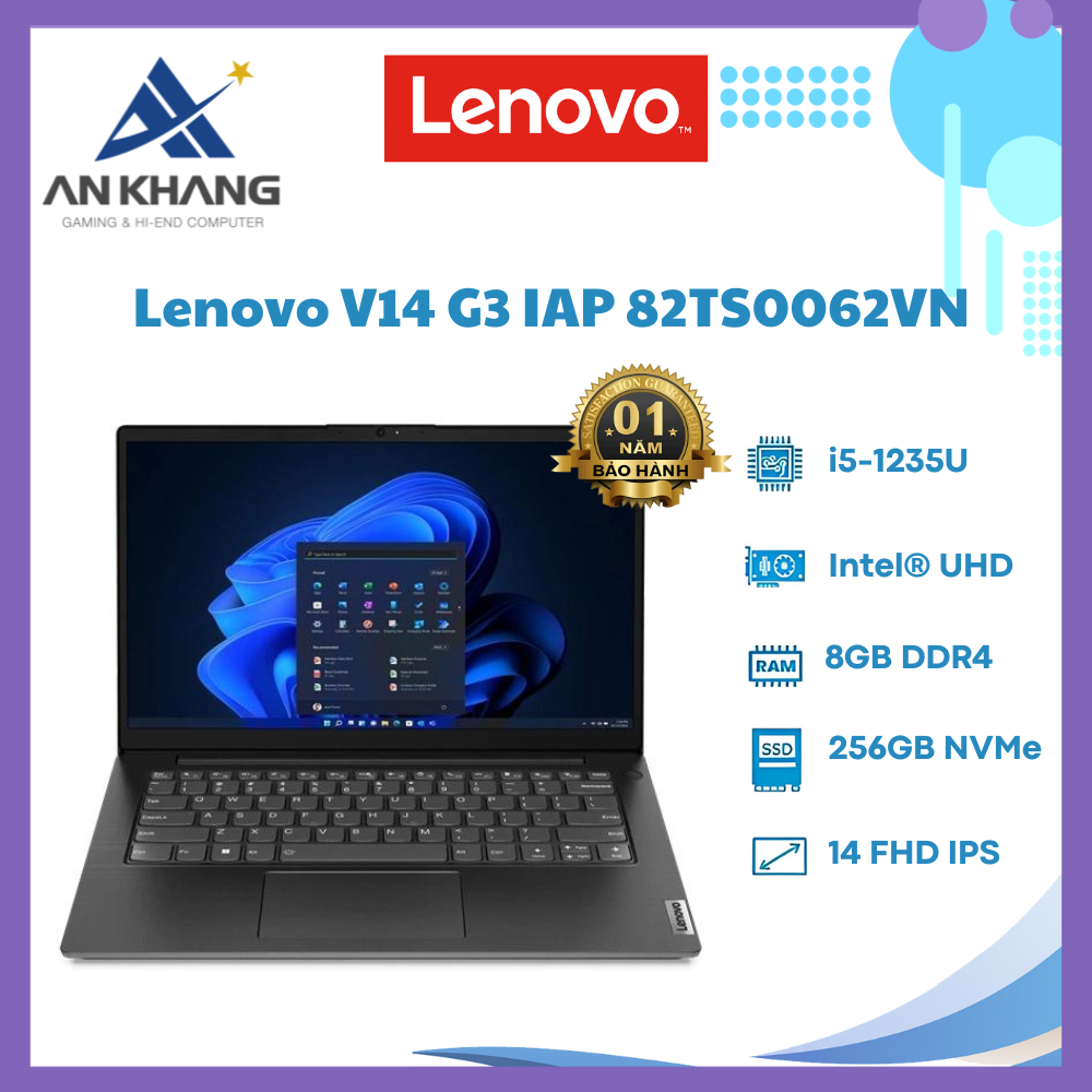 Laptop Lenovo V14 G3 IAP 82TS0062VN (Intel Core i5-1235U | 8GB | 256GB | Iris Xe Graphics Functions as UHD Graphics | 14 inch FHD | Non OS | Đen) - Hàng Chính Hãng - Bảo Hành 12 Tháng