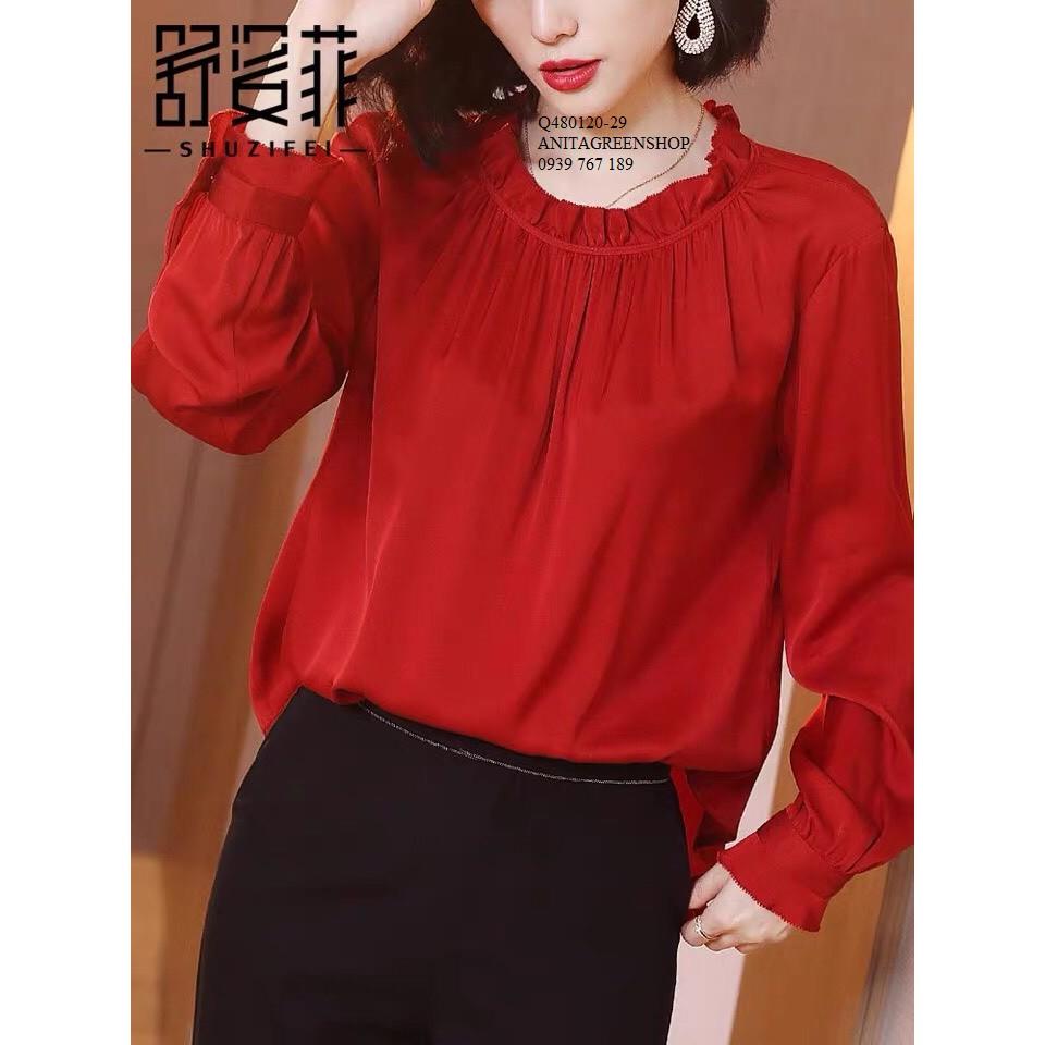 Q480120 ÁO BÈO CỔ NHÚN MÀU ĐỎ