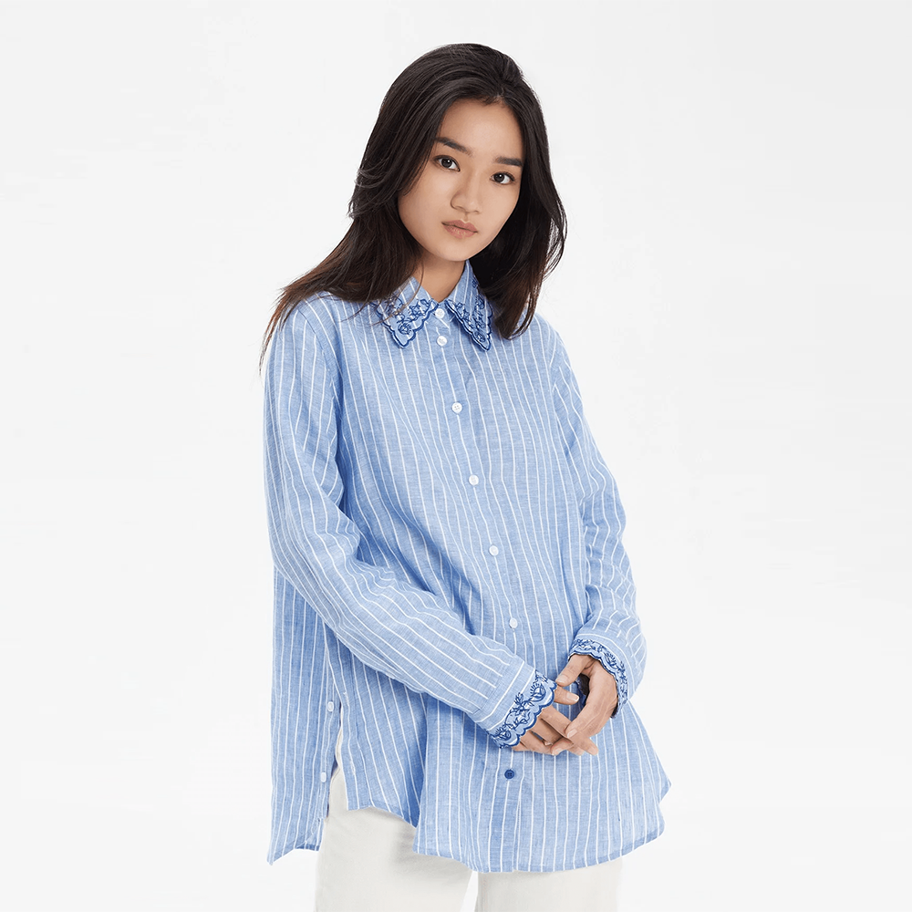 TheBlueTshirt - Áo Sơ Mi Phom Rộng Nữ Vải Lanh Cổ Áo Thêu Hoạ Tiết - Oversized Embroidered Linen Shirt - Floral Liana