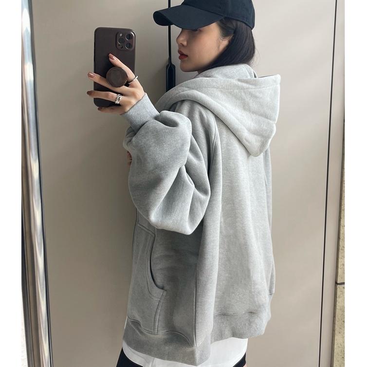 ÁO KHOÁC HOODIE NỮ VẢI NỈ FORM RỘNG TAY PHỒNG MÀU XÁM TRƠN , ÁO KHOÁC KHÓA KÉO MÀU XÁM TRƠN