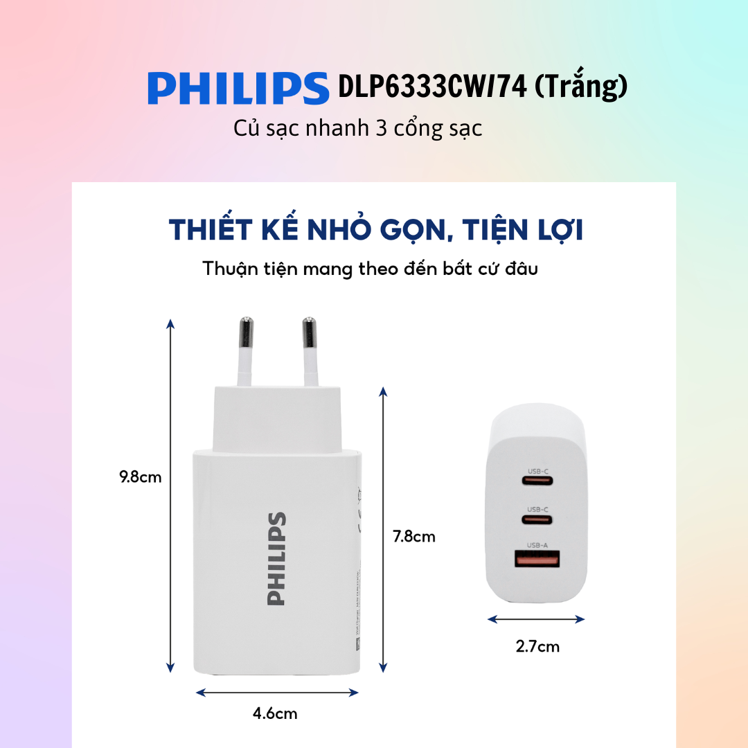 Sạc đa cổng Philips Wall Charger 1USB 2Type-C 65W QC 3.0 DLP6333CW/74 - DLP6333CB/74 - Hàng chính hãng